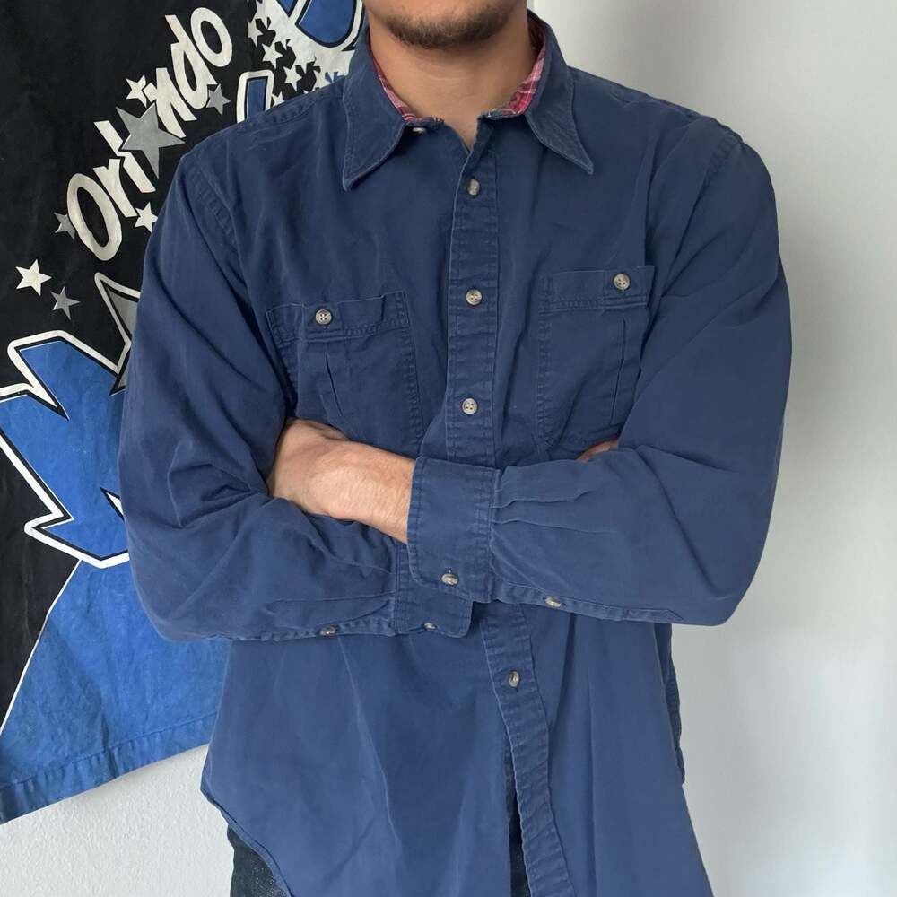 Vintage Woolrich Plaid Lined Work Shirt Men’s XL Navy Blue Button Up Cotton Long